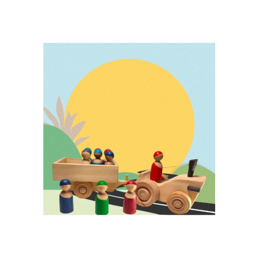 Natural Wood 14 Piece Tractors Colorful Passengers Set