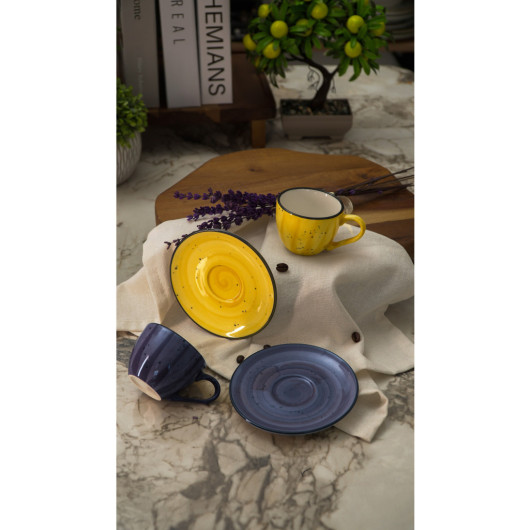 Hand Decorated 4 Piece Coffee Set For 2 Persons Yellow Purple