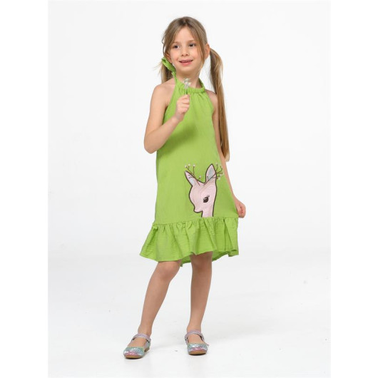 فستان بناتي اخضر برسمة غزال مكشكش