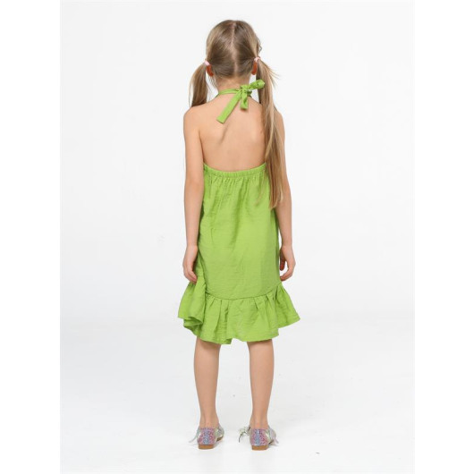 فستان بناتي اخضر برسمة غزال مكشكش