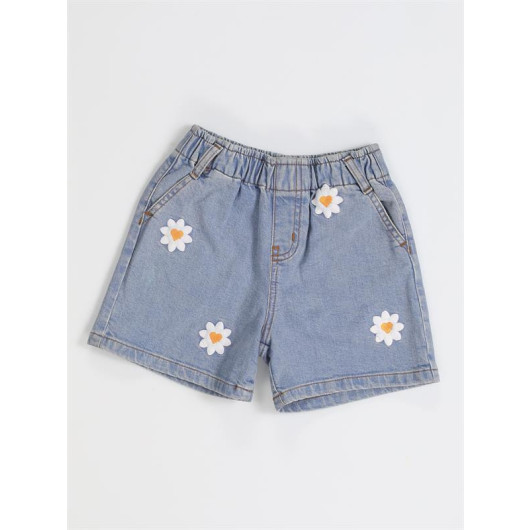 Daisy Embroidered Girls Denim Shorts