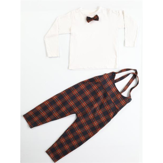 Plaid Strap Boy Baggy Overalls Bow Tie Tshirt