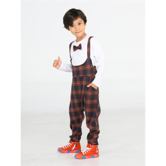 Plaid Strap Boy Baggy Overalls Bow Tie Tshirt