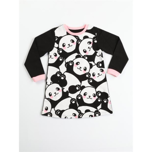 Pandas Girl Printed Black Dress