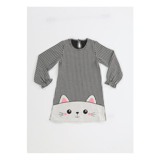 Shiny Cat Embroidered Houndstooth Girls Dress