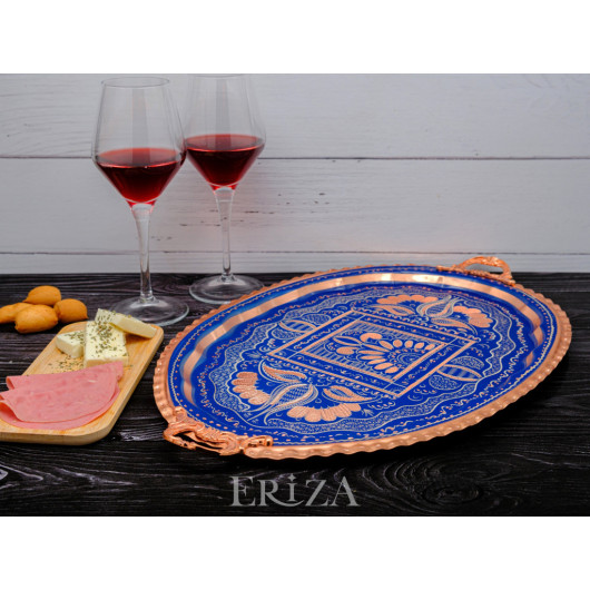 Copper Oval Serving Tray, Blue, Set Of Two