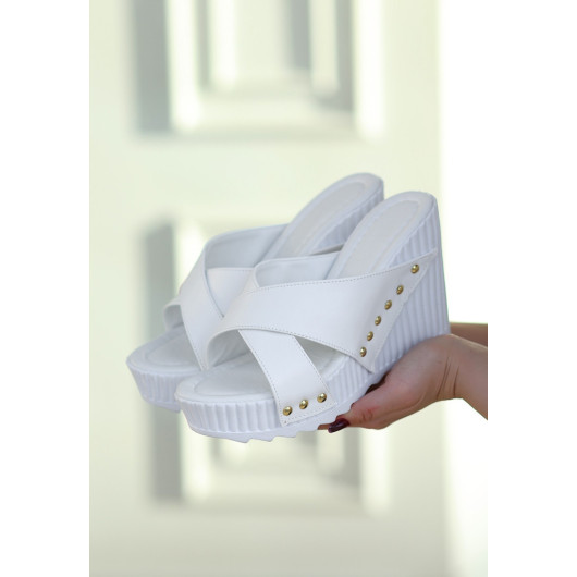 White Leather Wedge Heel Slippers