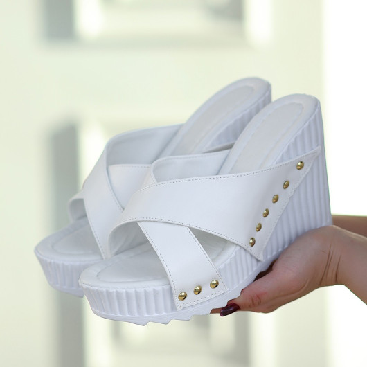 White Leather Wedge Heel Slippers