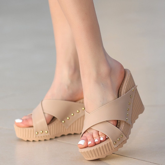 Nude Skin Wedge Heel Slippers