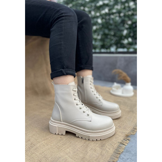 Beige Skin Lace Up Boots