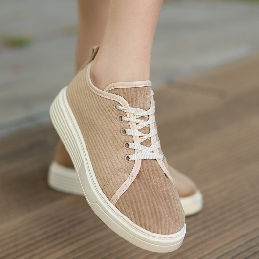 Nude Velvet Lace-Up Sneakers