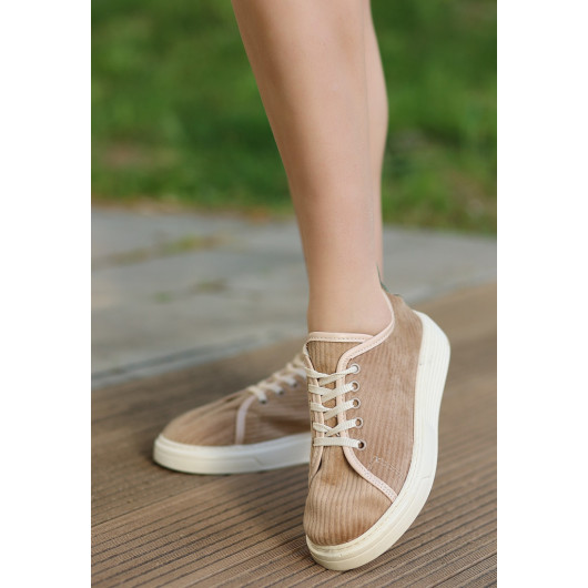 Nude Velvet Lace-Up Sneakers