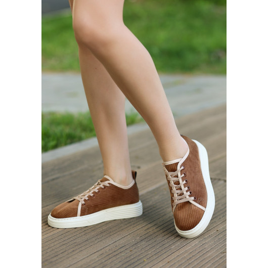 Tan Velvet Lace-Up Sneakers