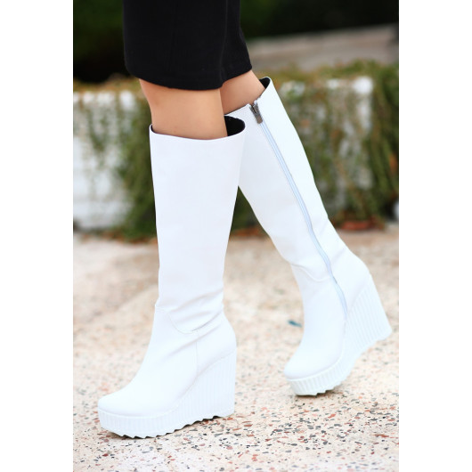 White Leather Wedge Heel Boots