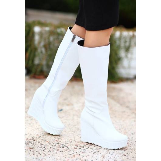 White Leather Wedge Heel Boots