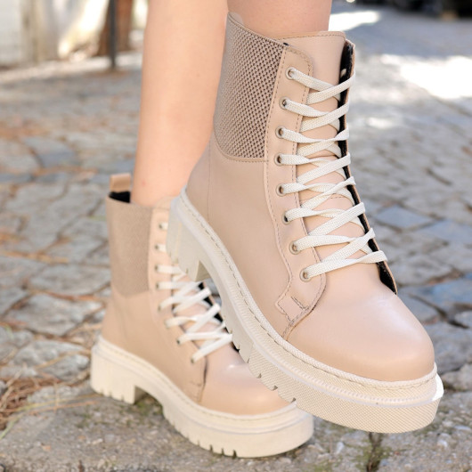 Cream Leather Lace Up Boots