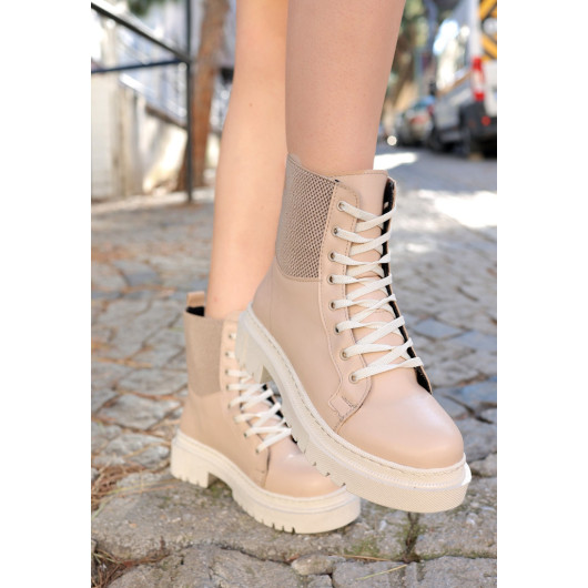 Cream Leather Lace Up Boots