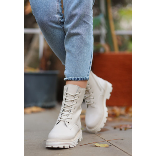 Beige Leather Lace-Up Boots