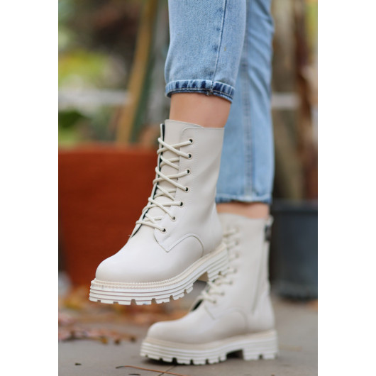 Beige Leather Lace-Up Boots