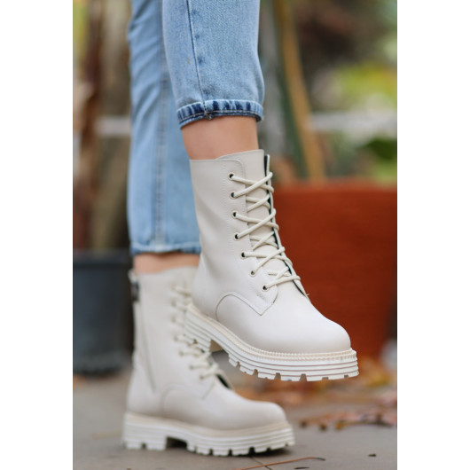 Beige Leather Lace-Up Boots