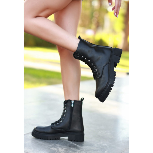 Black Skin Lace Up Boots