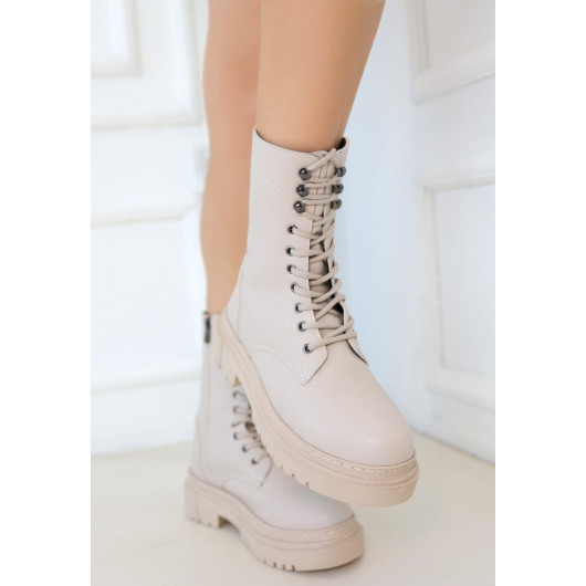 Beige Leather Lace-Up Boots