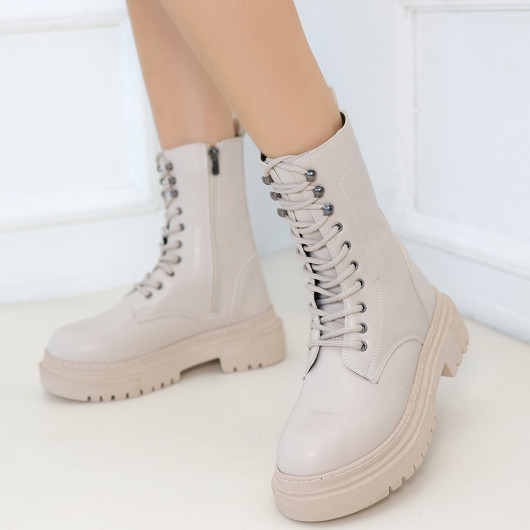 Beige Leather Lace-Up Boots