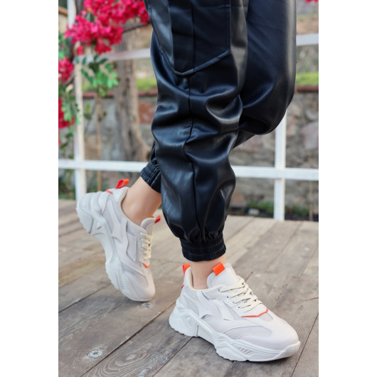 Beige Leather Lace Up Sneakers