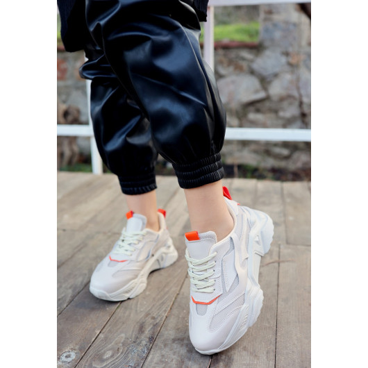 Beige Leather Lace Up Sneakers