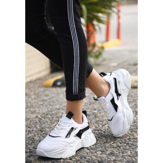 White Skin Black Detailed Lace Up Sneakers