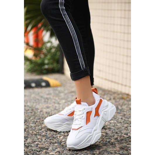 White Skin Orange Detailed Lace-Up Sneakers