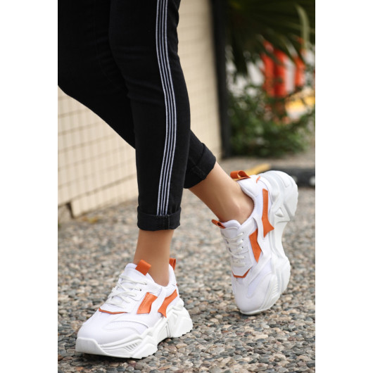 White Skin Orange Detailed Lace-Up Sneakers