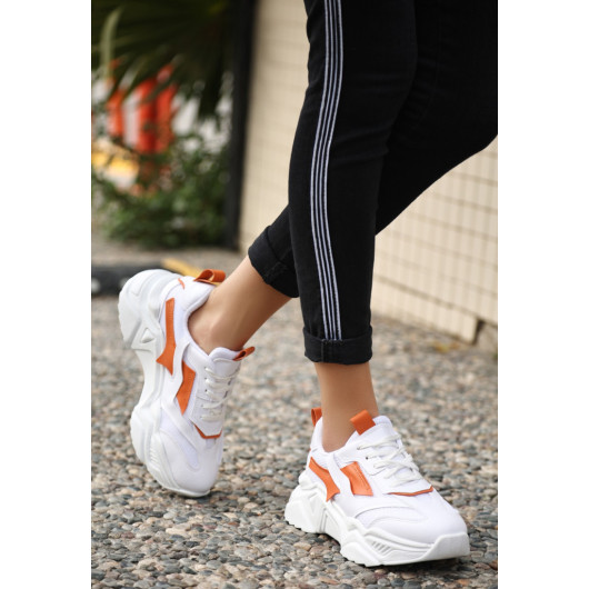 White Skin Orange Detailed Lace-Up Sneakers