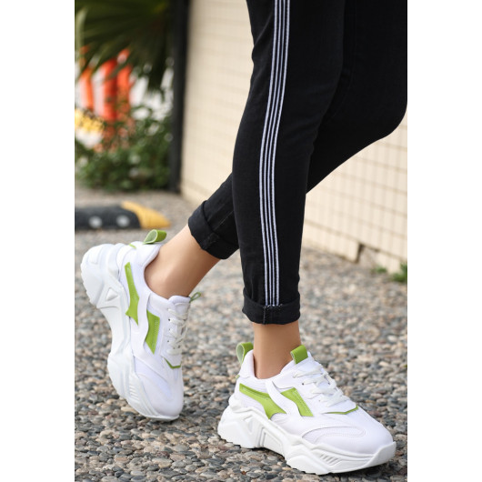 White Skin Green Detailed Lace-Up Sneakers