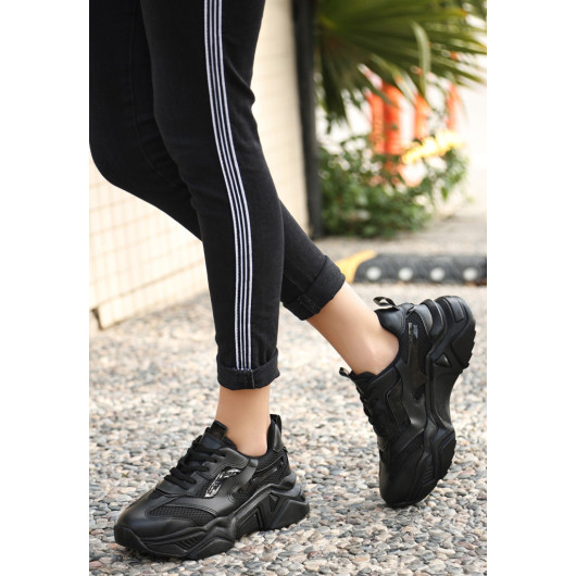 Black Leather Lace-Up Sneakers