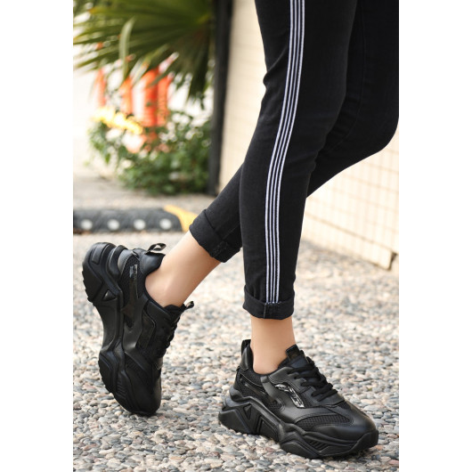 Black Leather Lace-Up Sneakers