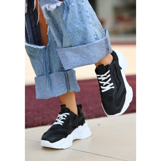 Black Skin White Sole Lace-Up Sneakers