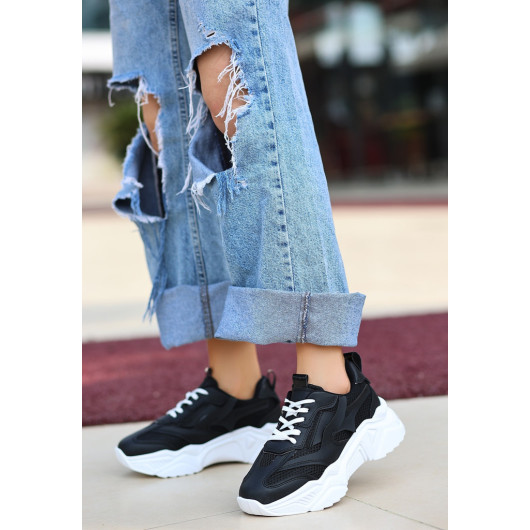 Black Skin White Sole Lace-Up Sneakers