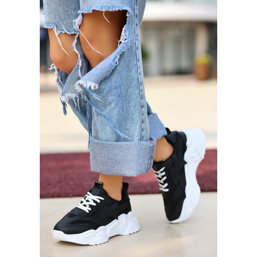 Black Skin White Sole Lace-Up Sneakers