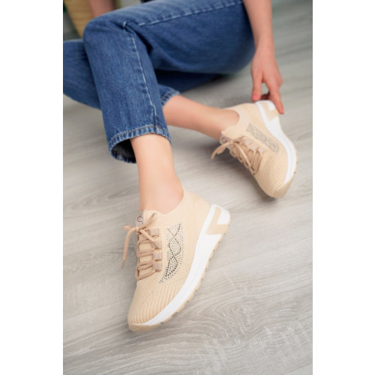 Beige Knit Lace Up Sneakers