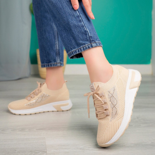 Beige Knit Lace Up Sneakers