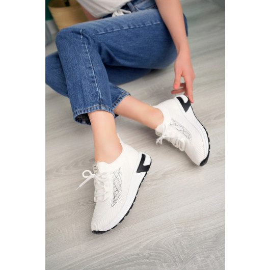 White Knit Lace-Up Sneakers