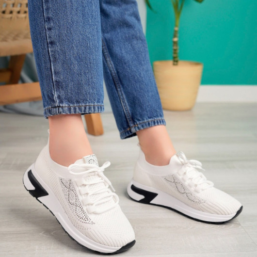 White Knit Lace-Up Sneakers