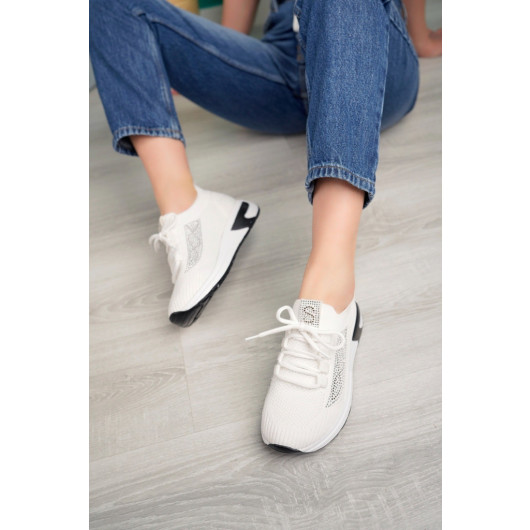 White Knit Lace-Up Sneakers