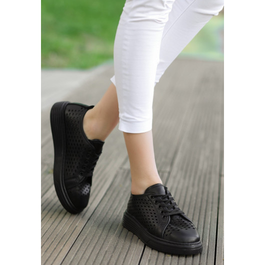 Black Leather Lace-Up Sneakers