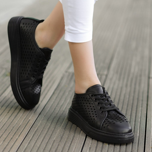 Black Leather Lace-Up Sneakers