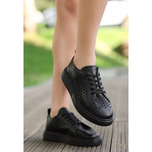 Black Leather Lace-Up Sneakers