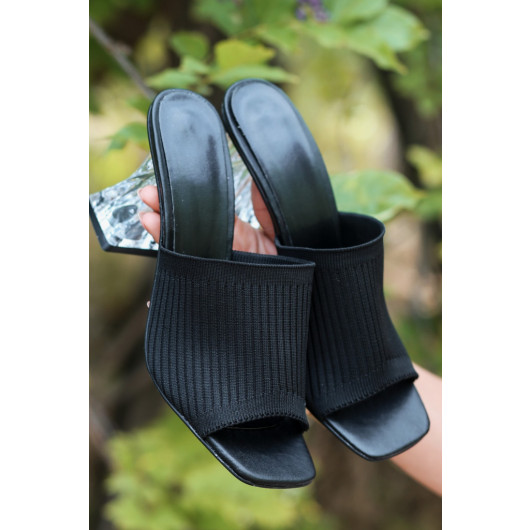 Black Knitwear Heeled Slippers