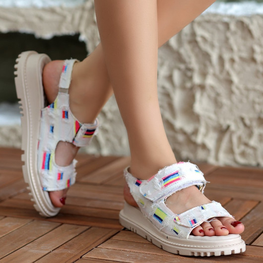 White Denim Velcro Sandals