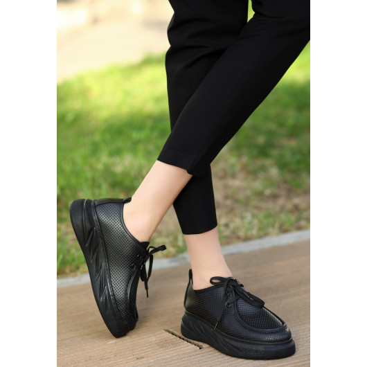 Black Leather Lace-Up Sneakers